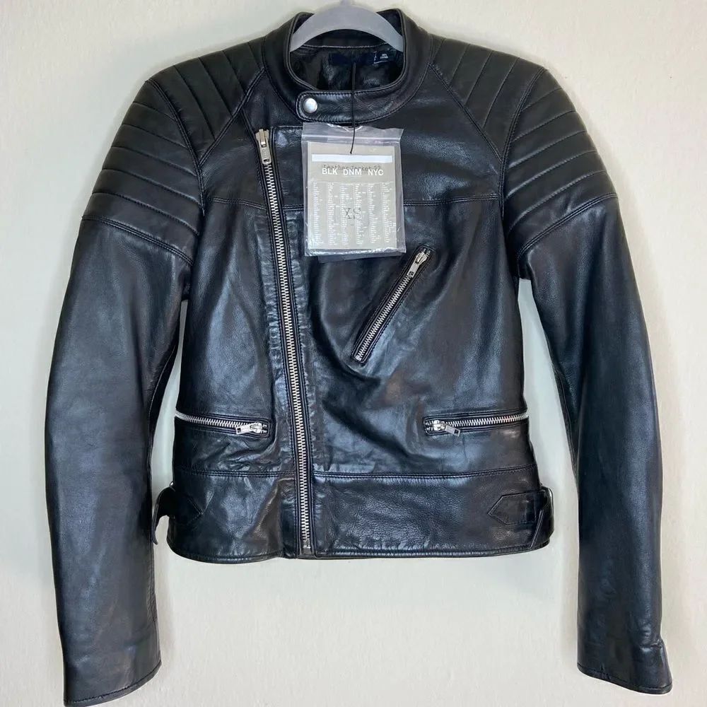 NWT Blk Dnm Padded Elbows Lambskin Leather Black Biker Jacket Size XS - Picture 6 of 11